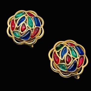 Trifari Modern Mosaic Jewel Tone Clip Earrings